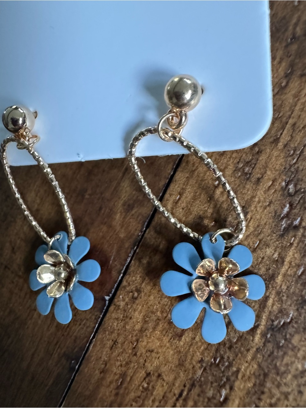 Gold Hoop Earrings with Blue Flower Drops